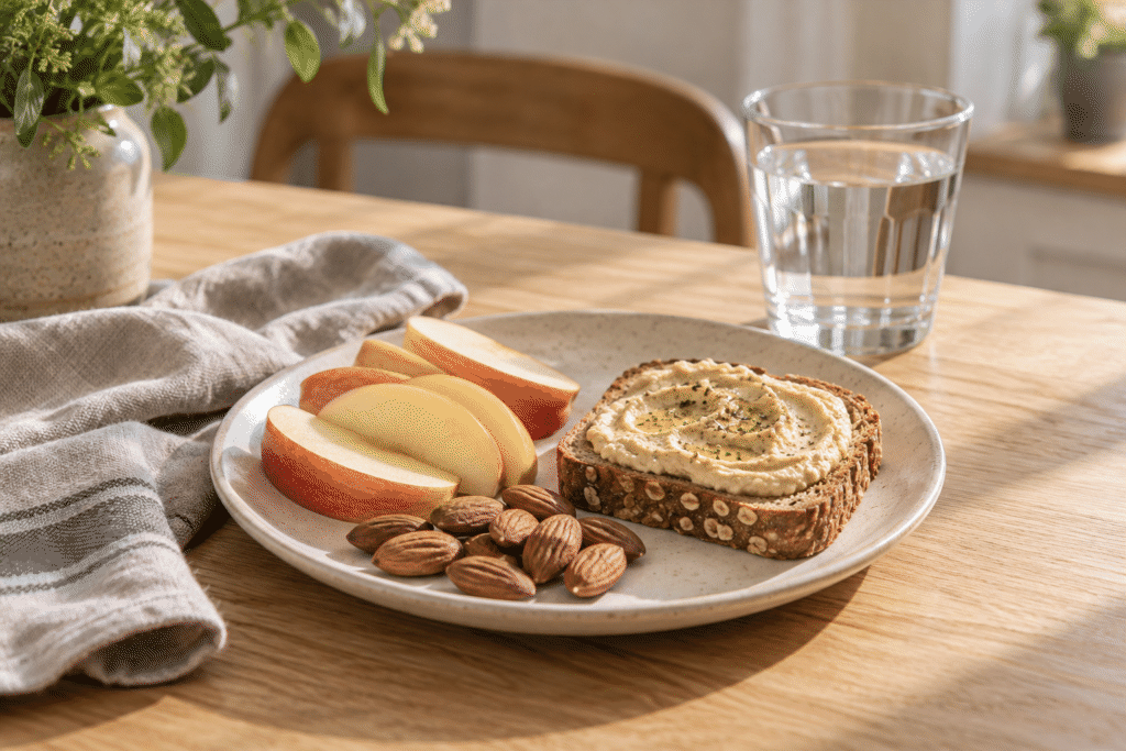 Apple, almonds and hummus toast for an afternoon snack.