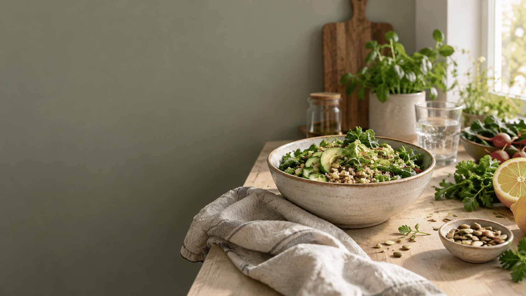 Fresh grain salad and seasonal vegetables in a sunlit kitchen.
