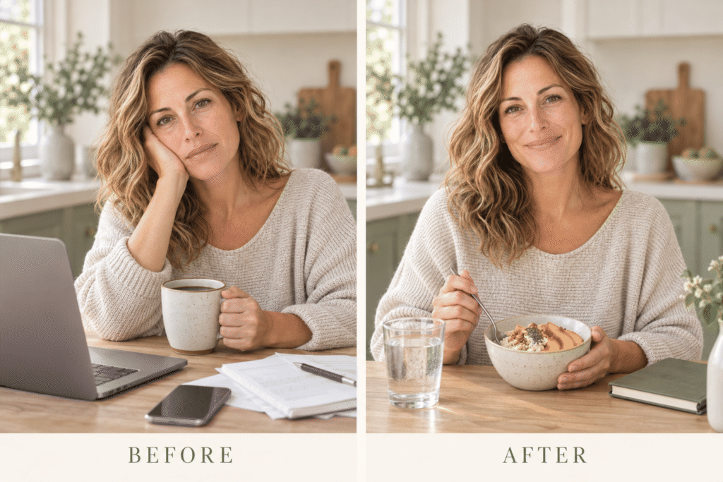 Illustrative demo: Sarah’s rushed coffee-only morning before, and a relaxed breakfast routine after.