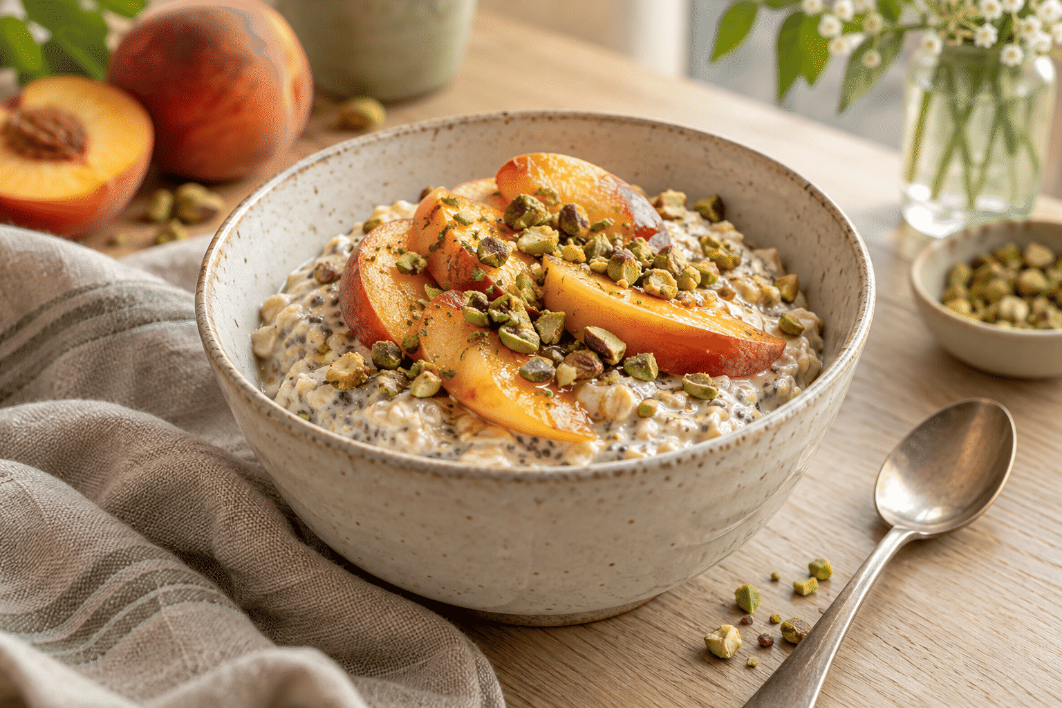 Peach and pistachio overnight oats.